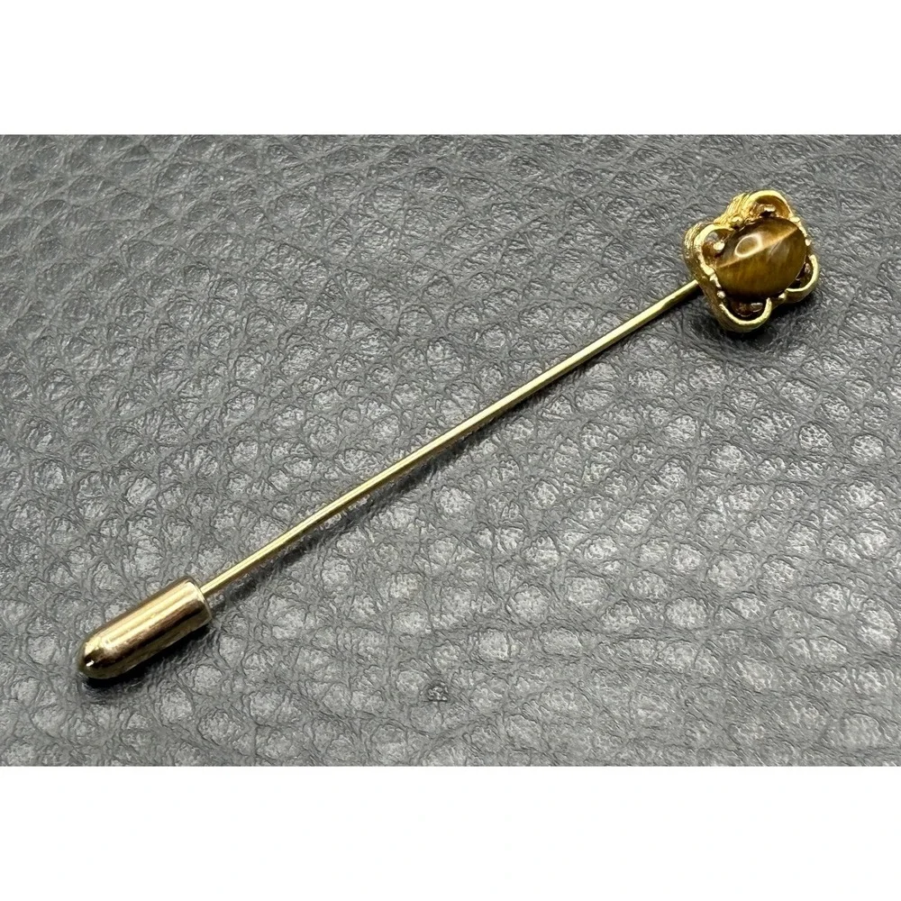 Vintage Tiger Eye Stone Cabochon Stick Pin Brooch Hat Lapel